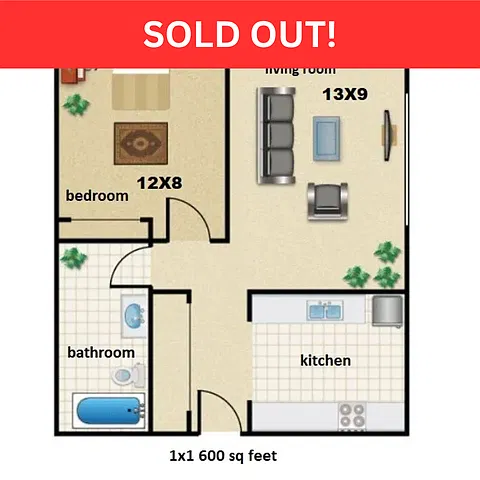 Floor plan CV2 1x1 w/ balcony/patio