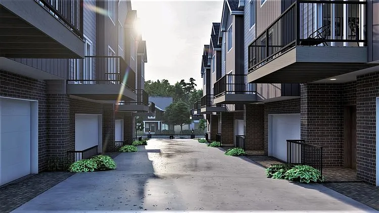 Rendering of Lyric Townhomes looking towards the street.