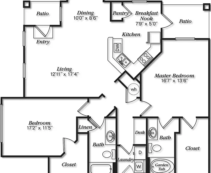 Elegant floor plan showcasing 2 bedrooms, spacious living area, and modern kitchen with pantry and breakfast nook, featuring dual patio access. Elegant floor plan showcasing 2 bedrooms, spacious living area, and modern kitchen with pantry and breakfast no