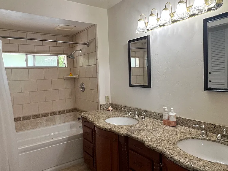 spa tub and shower plus wash basins