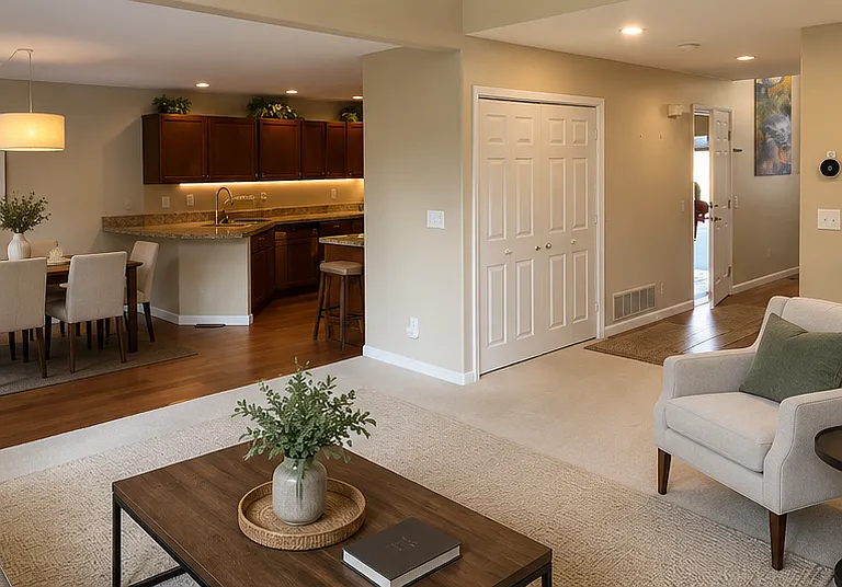 Open-concept living area flowing into kitchen and dining space