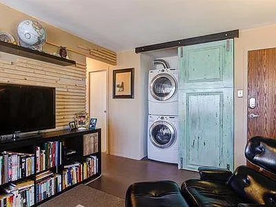 Full sized washer and dryer with sliding door to cover.