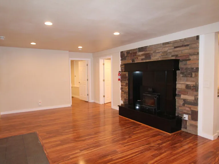 Lower living/RecRoom with fireplace and outdoor patio access (to left).