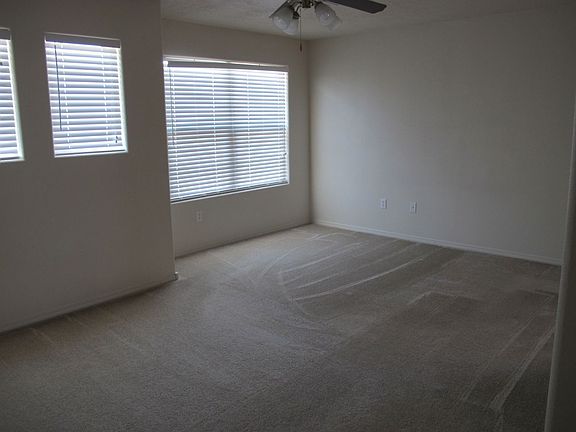 master suite with ceiling fan