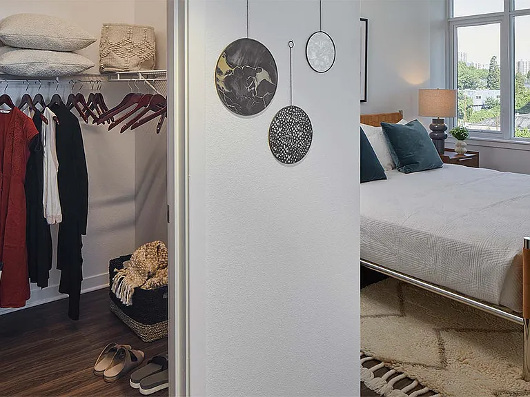 Spacious apartment bedroom with large closet and wood-style flooring.