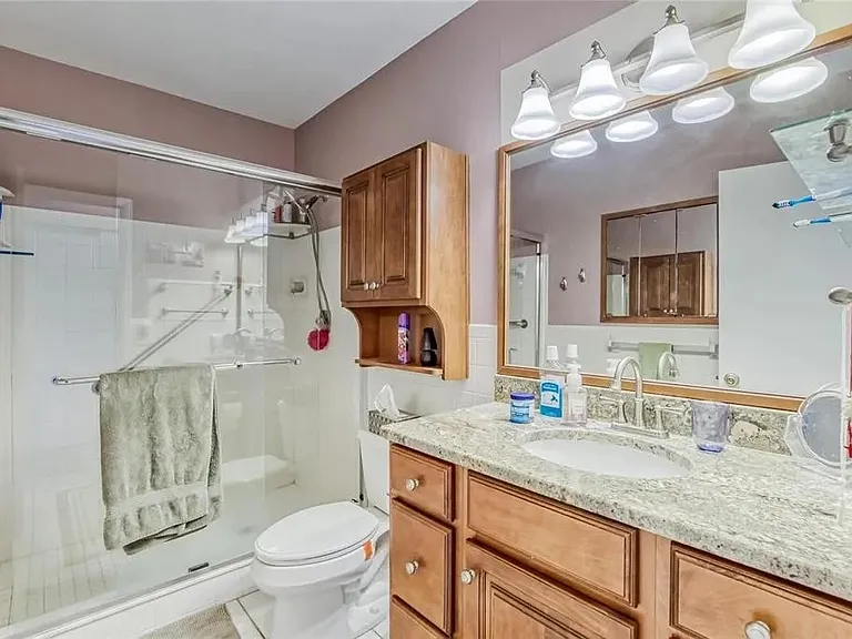 Master bathroom has a walk-in shower with safety bars, sink, medicine cabinet