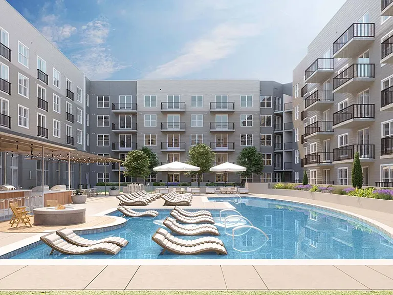 Resort style pool and terrace with cabanas, pool bar, and lounge