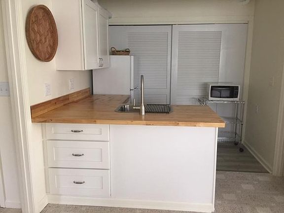 Lovely butcher block countertop in the minimalist kitchenette off living area.