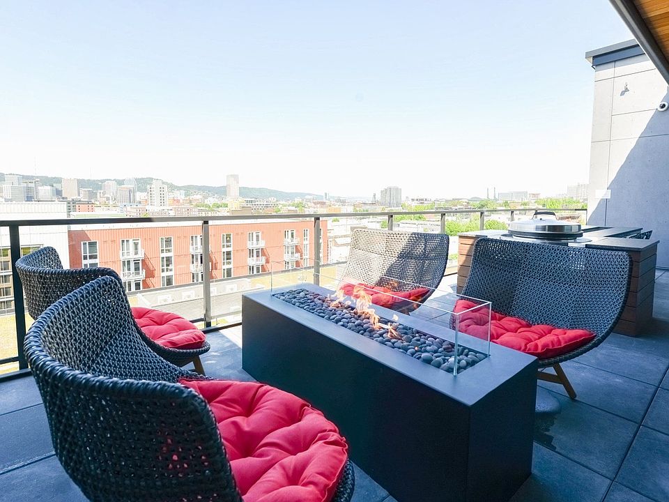 Rooftop terrace with cozy firepit and unobscured downtown Portland views