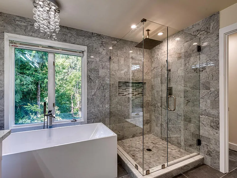Stunning Spa like Bathroom with freestanding tub and walk in rain shower