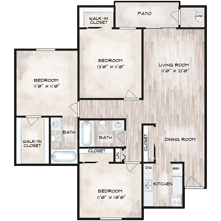 Floor plan Three Bedroom Two Bath - Affordable Housing Progra