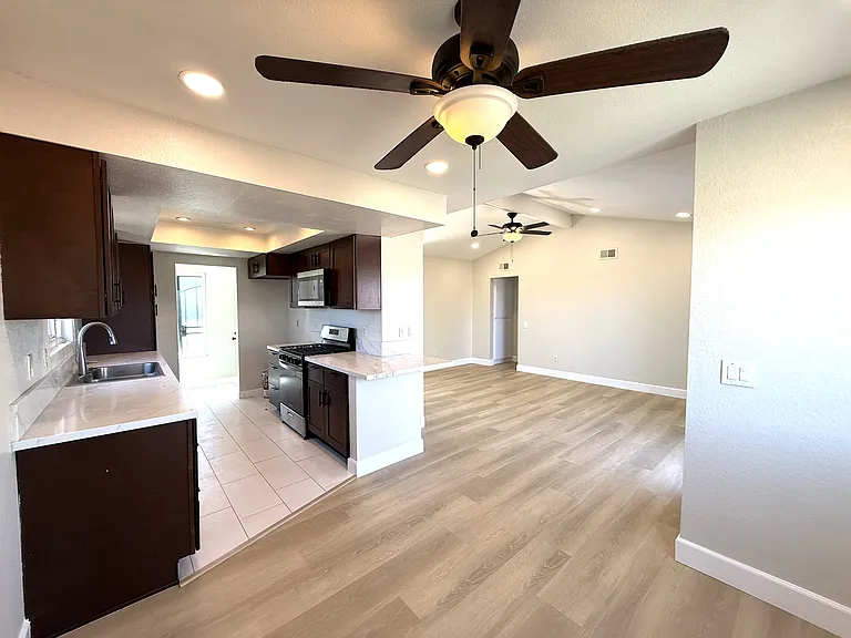 Living room and kitchen viewed from dining room