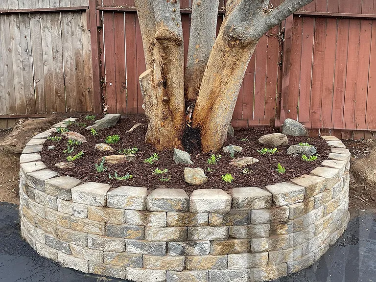 Custom seating area and massive tree out front. The tree provides full shade for the unit. Leaves are cleaned up during the fall months and as needed (bi-monthly).