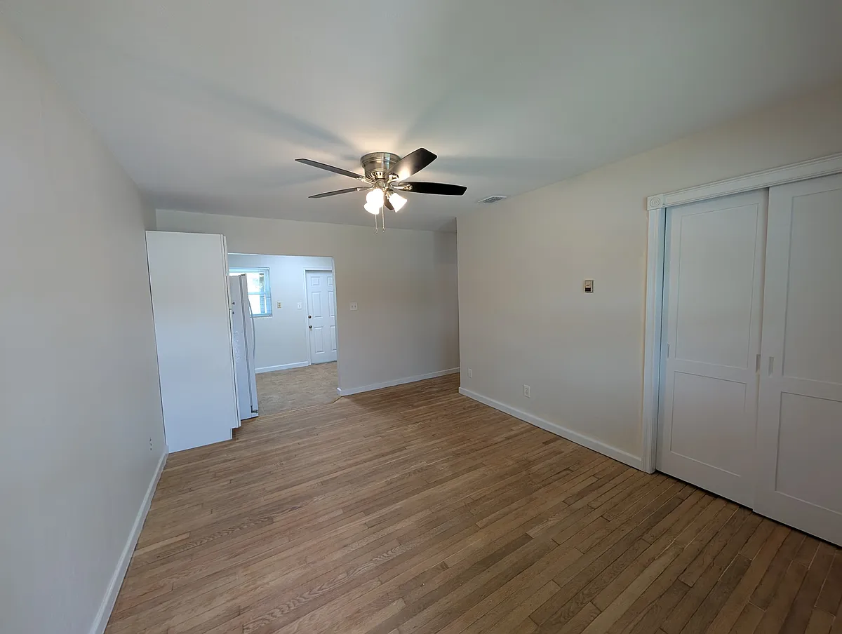 Freshly painted living room with hardwood floors, new ceiling fan and closet. - 1409 E Central Blvd #1409