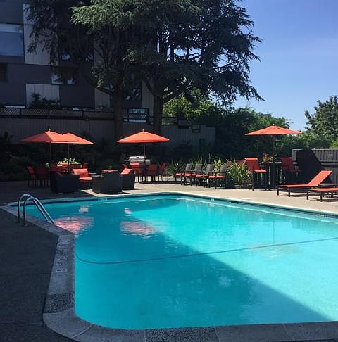Heated pool in landscaped courtyard with built-in BBQ and ga