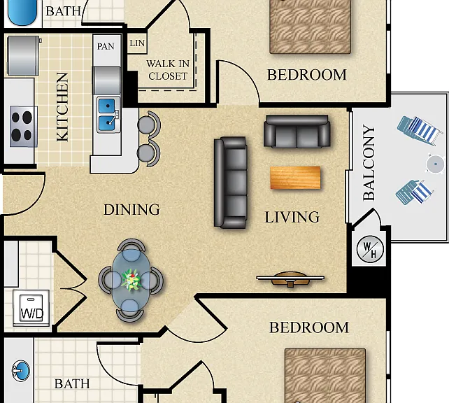 2 Bed 2 Bath 984 sq ft Floorplan Diagram