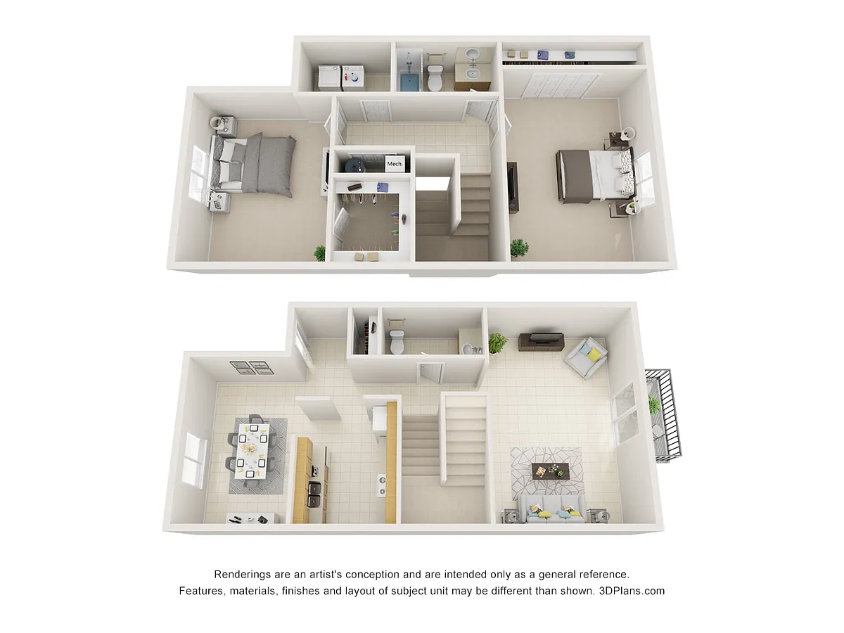 Floor plan 2 Bedroom 1.5 Bath Apartment with 1400 Square Feet