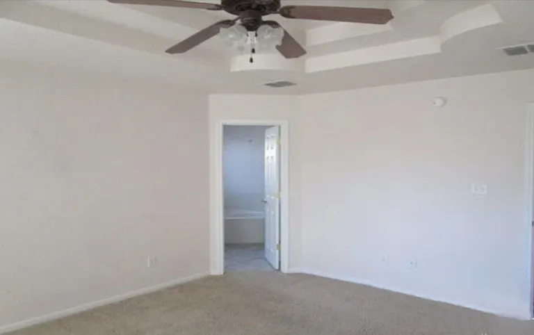 Master bedroom suite with double picture frame ceilings and ceiling fan.