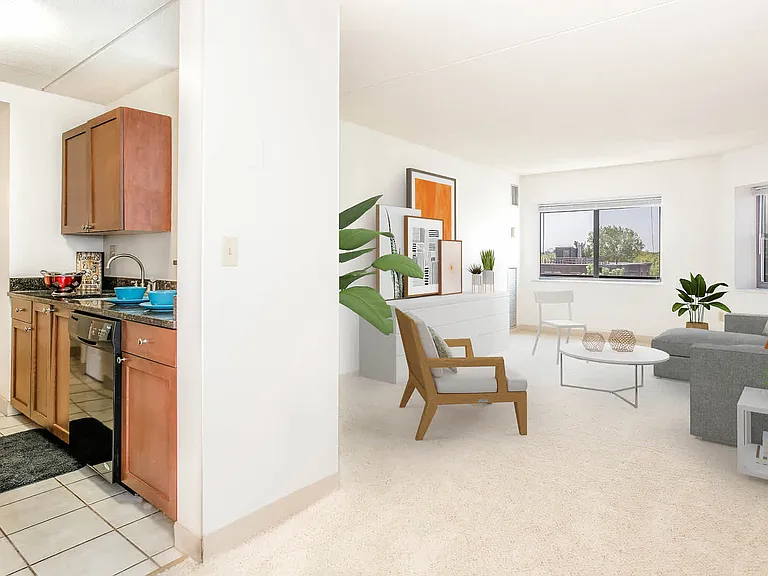 Kitchen and Carpeted Living Room