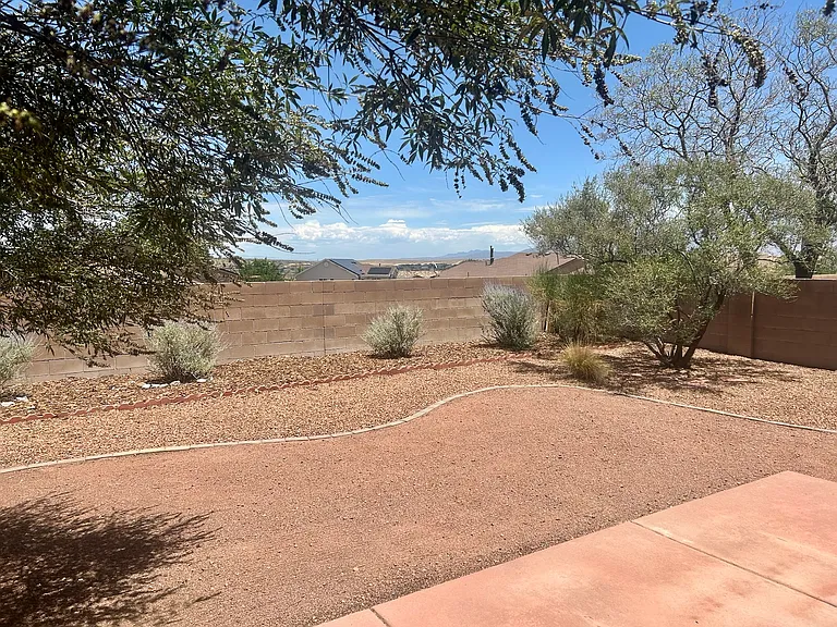 Relax in the low-maintainance xeriscaped backyard with mature trees and plants.