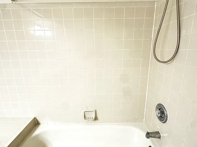 Newly refinished bathtub with new showerheads and new brushed nickel hardware
