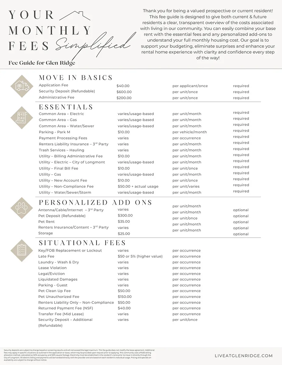 Monthly Fee Guide - Glen Ridge - Glen Ridge Apartments