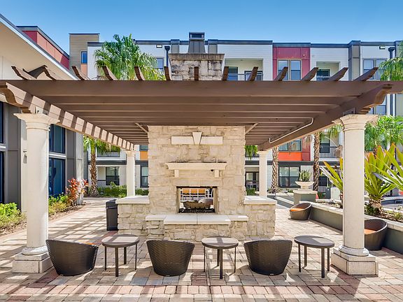 Outdoor fireplace with seating