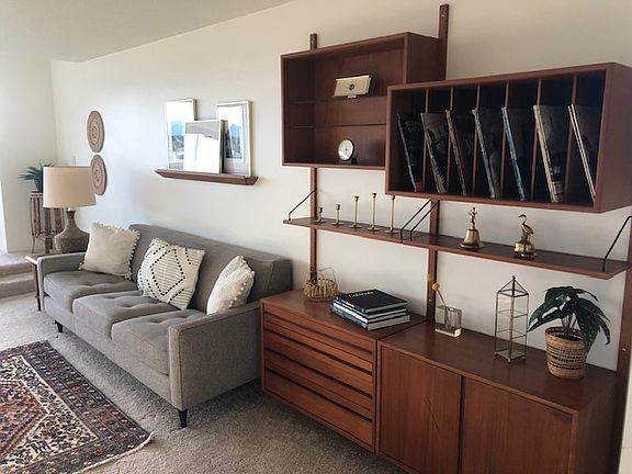 Living room view with new sofa and mid century modern wall unit