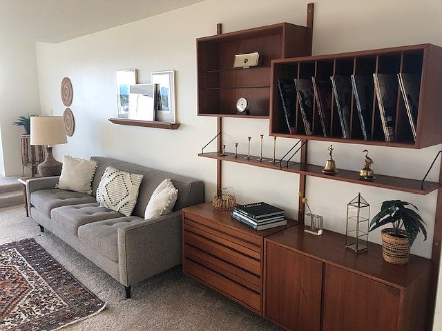 Living room view with new sofa and mid century modern wall unit