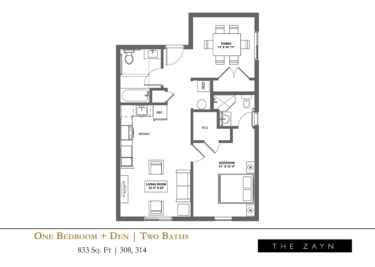 Floor plan One Bedroom + Den, Two Bath