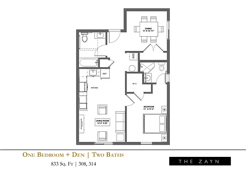 Floor plan One Bedroom + Den, Two Bath