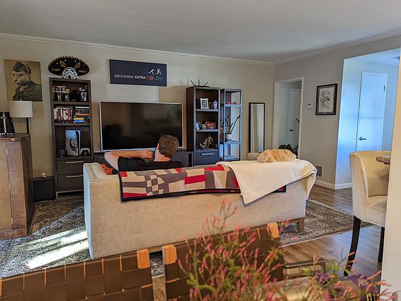 View of the living room from the kitchen nook. Just out of frame to the right is the bar between the kitchen and the entryway. Bar stools are available to tenant.