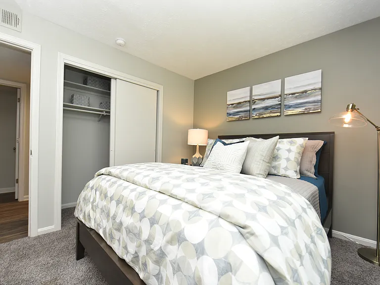 Cozy bedroom with carpet and generous closet space