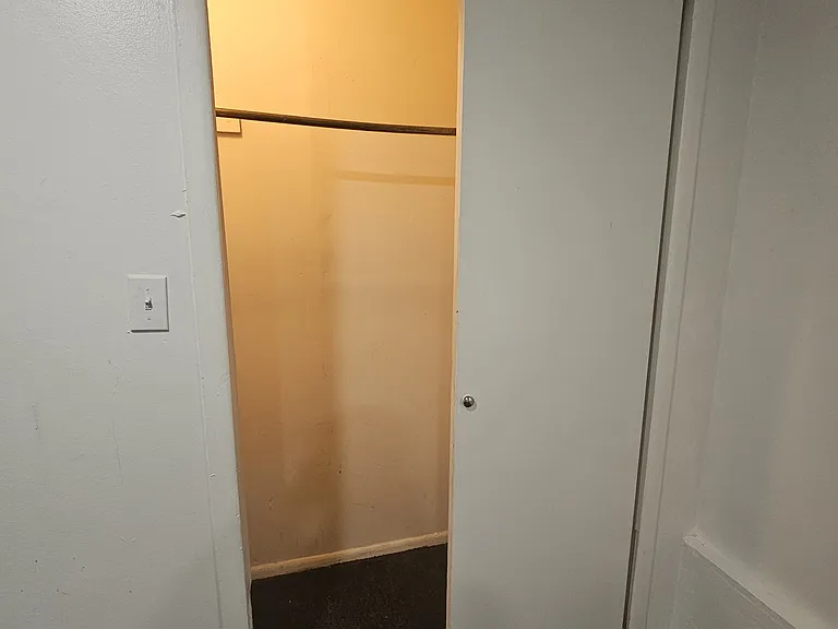 Bedroom walk in closet with light.