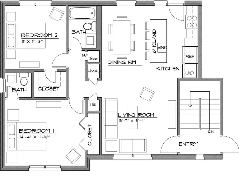Floor plan - 2 BR , 1.5 BA, open living/dining/kitchen, 1000 sq ft