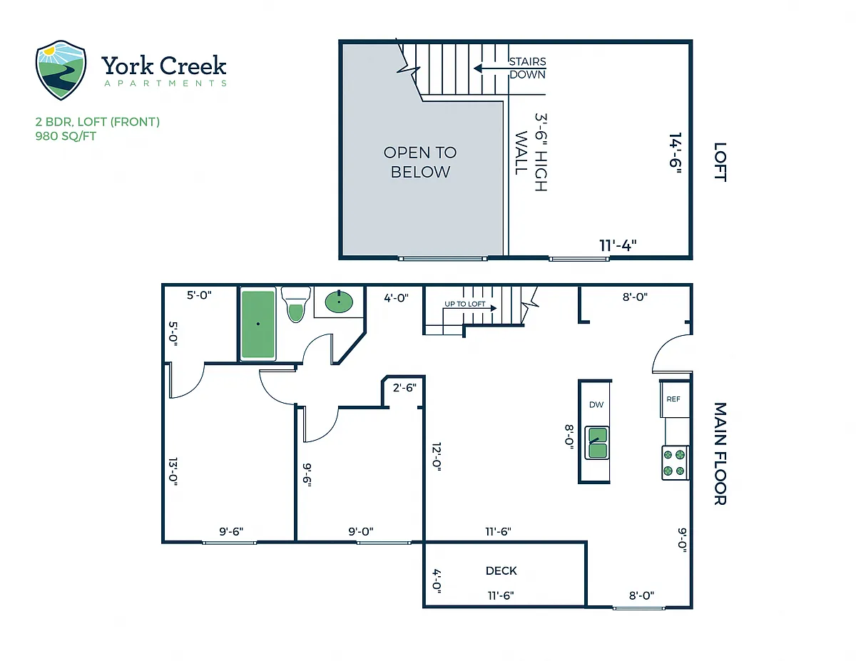 Floor plan 2 Bed, 1 Bath Loft - 980 sq ft