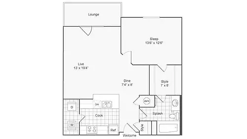 Floor plan 1 bed/1 bath-786 sqft