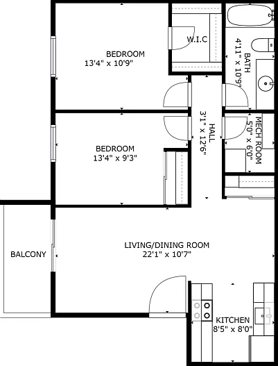 2 Bedroom 1 Bathroom Cypress 808 Sq. ft.