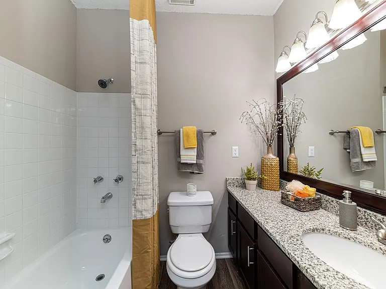 Bright bathroom with granite counters and bathtub