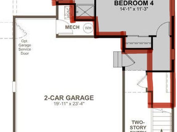 Floor plan for first floor. Red outline indicates renter's private areas. First floor back patio is private area, back yard is common area.