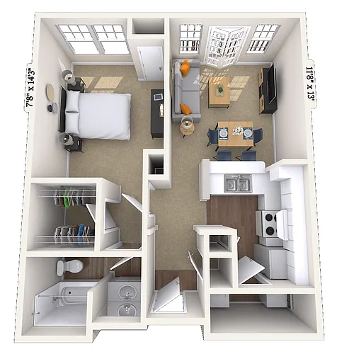 Floor plan Traditional 1x1 658-887 SF