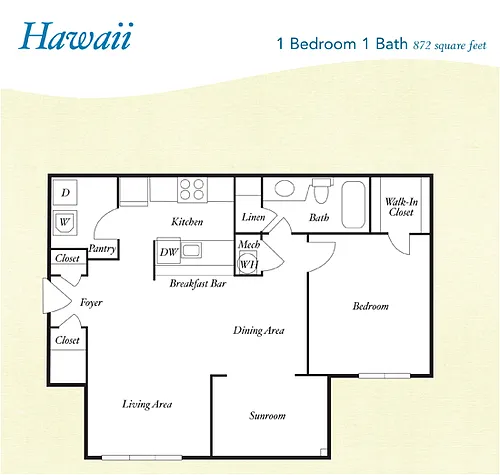 Floor plan A8 - Hawaii - One Bedroom, One Bathroom
