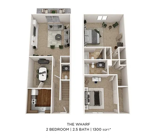 Floor plan Two Bedroom 2.5 Bath Townhome - 1,300 sqft