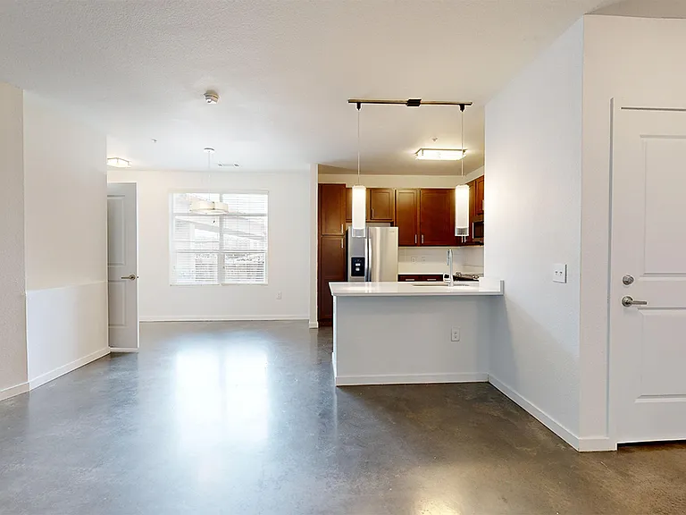 Apartment kitchen with stainless steel appliances, dining and living room with polished-concrete flooring.