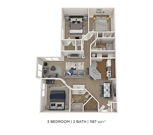 Floor plan Three Bedroom 2 Bath- 1187 sqft