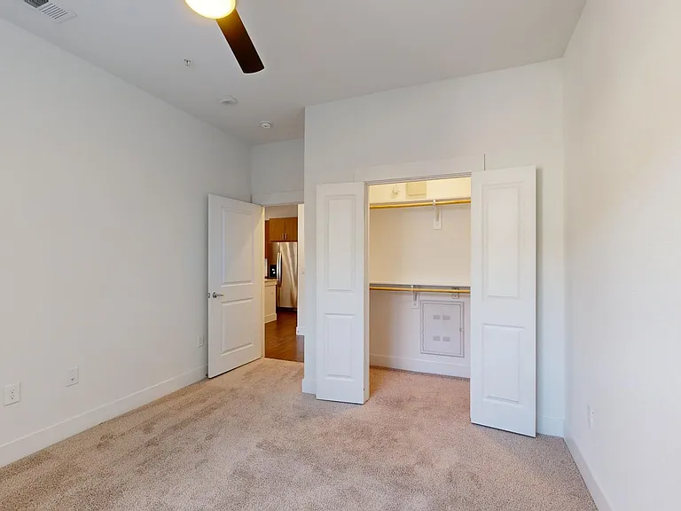 Spacious apartment bedroom with large closet and plush carpet flooring.
