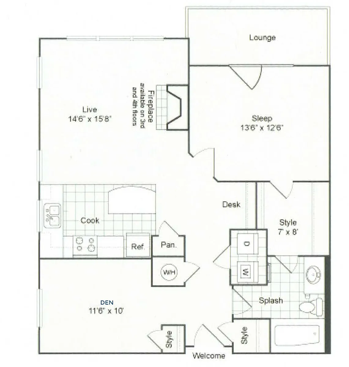 Floor plan 1 bed/1 bath-967 sqft
