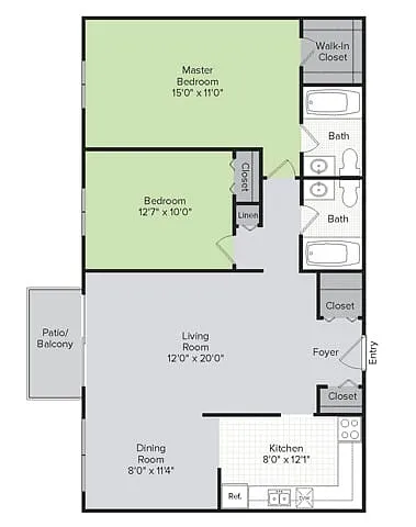 Floor plan Renovated, 2 Bedroom, 2 Bath (1,100 sq ft)
