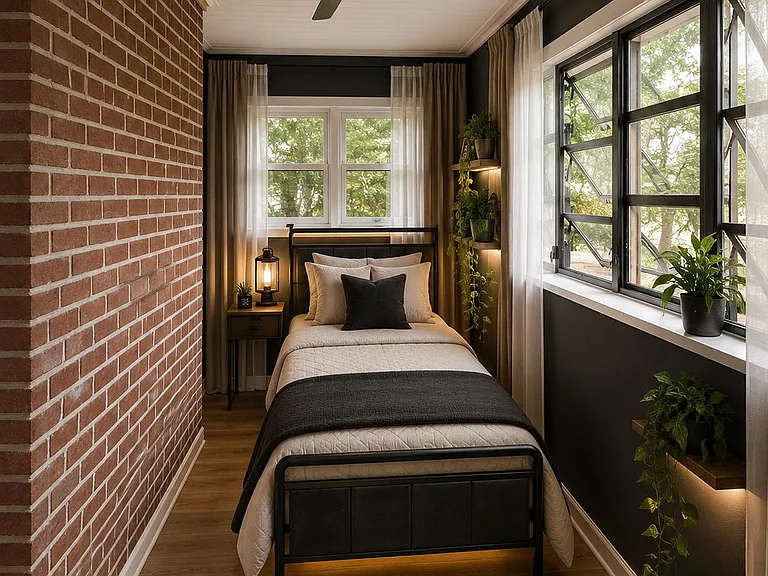 Private bedroom with a twin bed, wood-look flooring, and wide windows with curtains for natural light and leafy views.