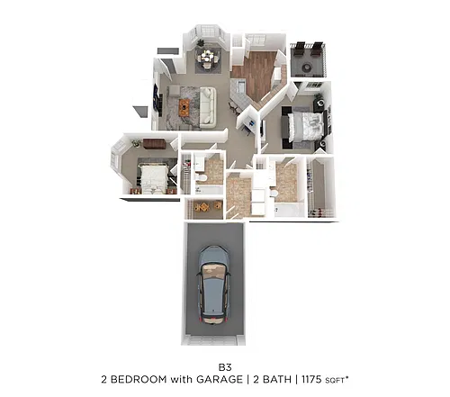 Floor plan Two Bed Two Bath w/Garage 1175 SqFt